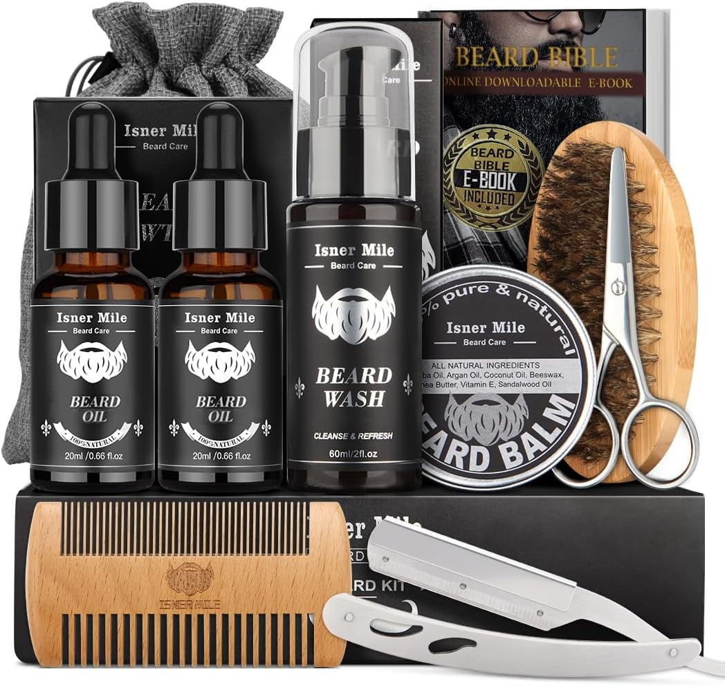 ISNER MILE Beard Grooming Kit for Men, Fathers Gifts for Dad Men Him Husband Boyfriend, with Beard Shampoo Wash, Oil, Balm, Trimming Set Include Brush, Comb, Scissors