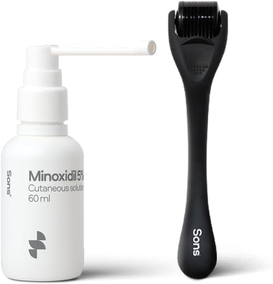 Minoxidil 5% Cutaneous Solution and Dermaroller - Hair Regrowth & Thickening - for Hair Loss & Thinning in Men - Stimulates Collagen and Reactivates Shrunken Follicles - Roller and 1 Month Supply