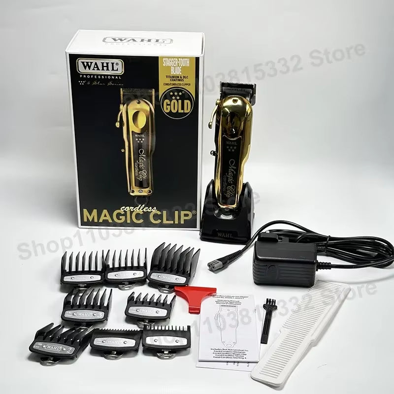 Original Wahi 5 Star 8148 Gold Magic Clip Gold Limited Edition Professional Cord/Cordless Hair Clipper with Charging Base